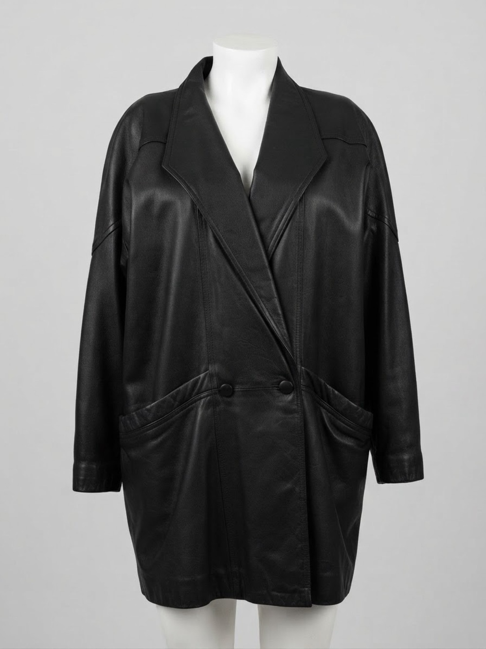 Vintage Fitz-Wright Black Genuine Leather Oversized Cocoon Coat Jacket 80s 90s